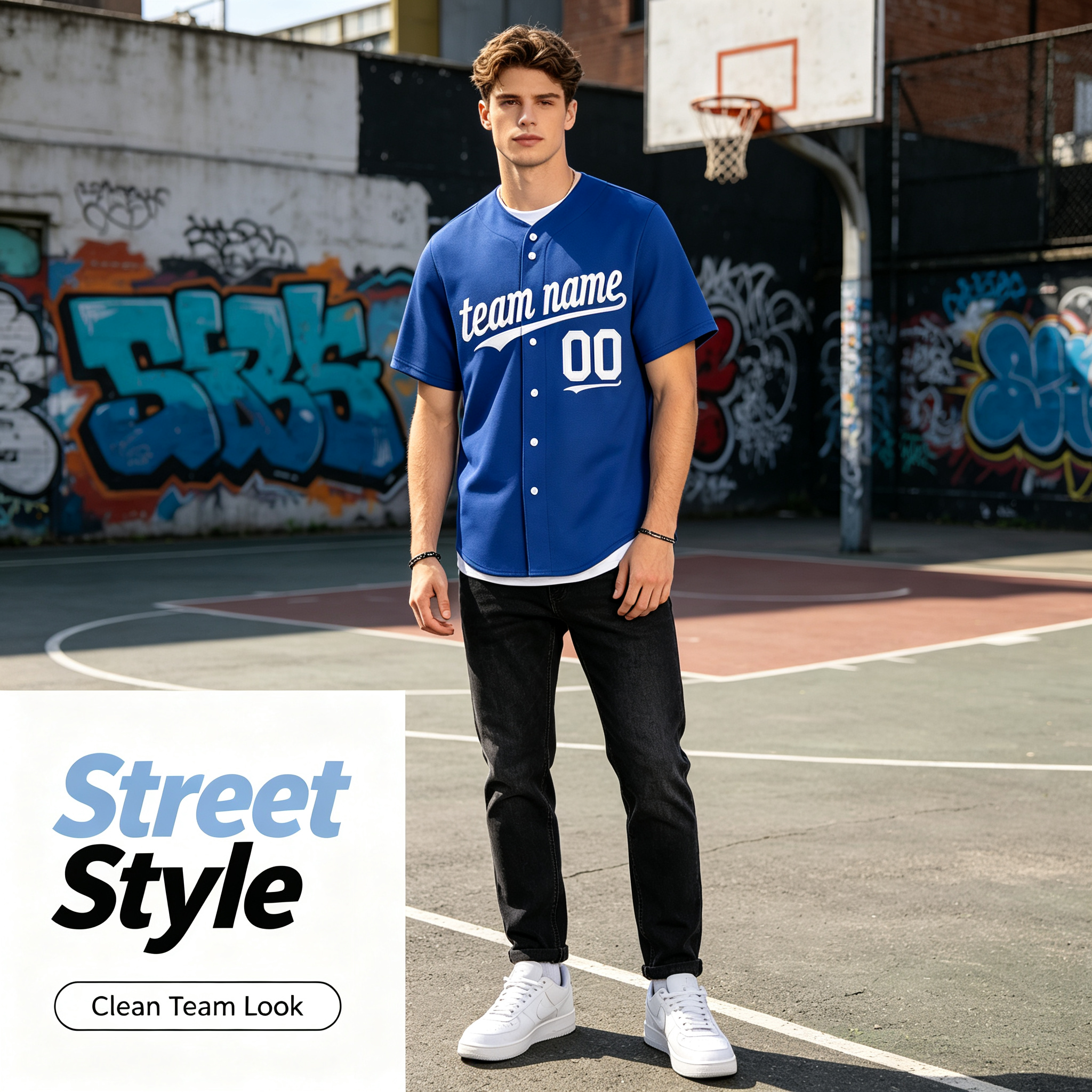 Custom Printed Kansas City Style Baseball Jersey Royal Blue White Trim Button Down Shirt for Men and Women