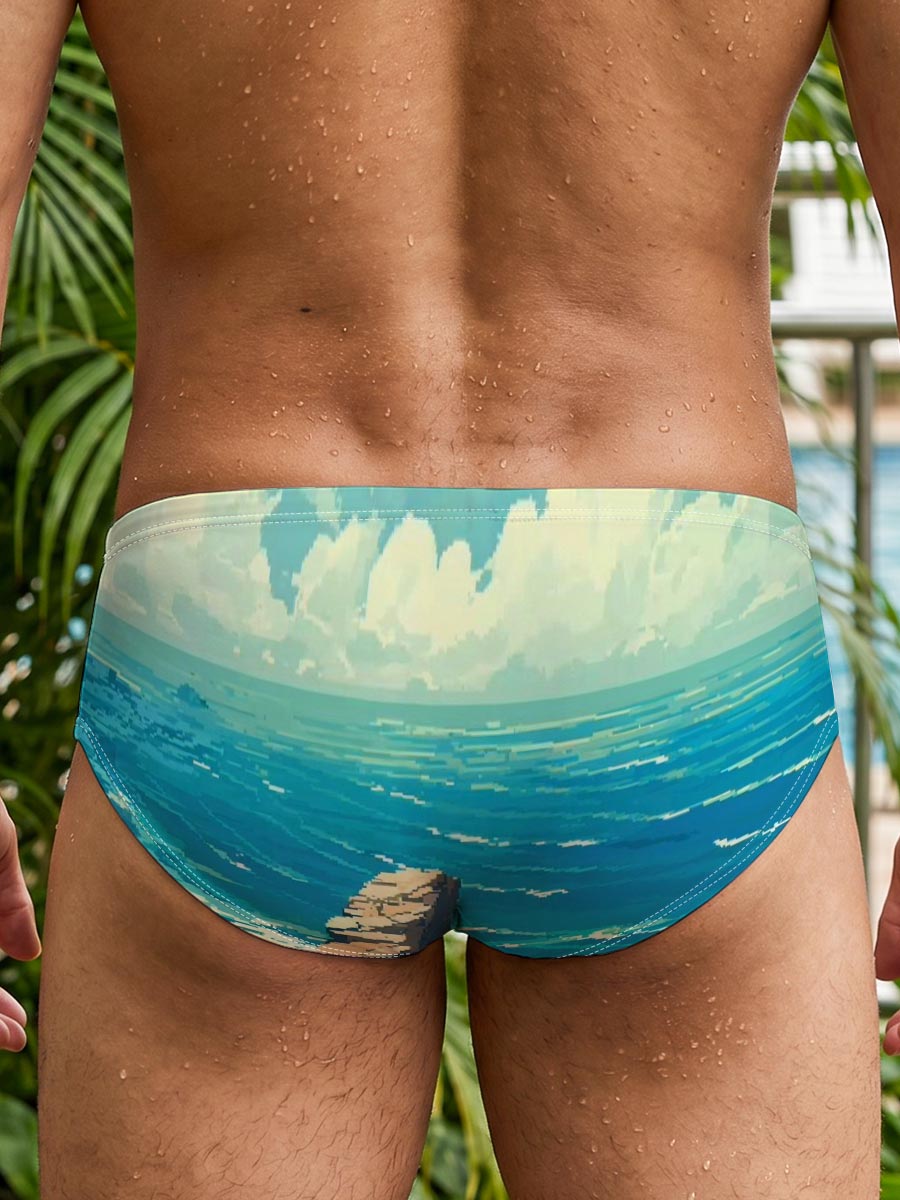 Coastal Landscape with Rocky Shore and Sailboat -  Men's swim trunks