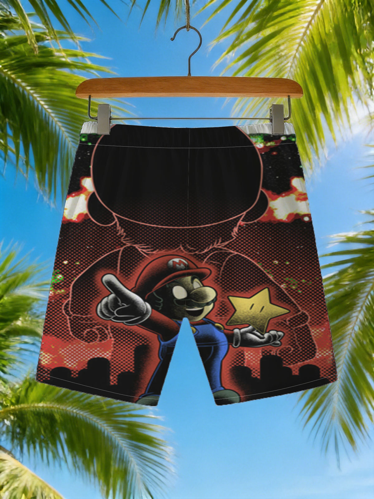 Mario Holds Star Against Shadowy Figure in Fiery Sky -  Beach shorts