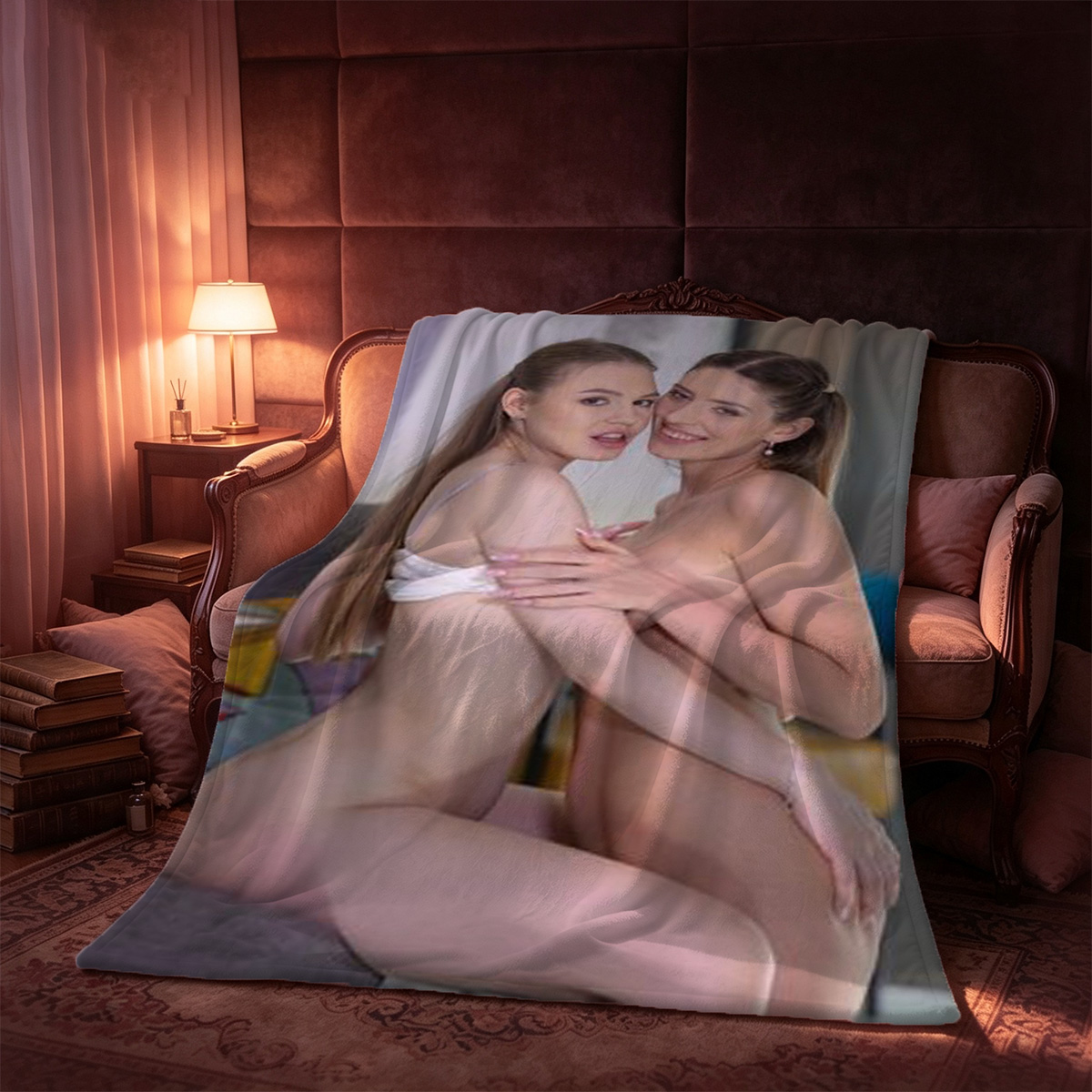 Blonde in white lace lingerie pulling down stockings on couch. - Blanket