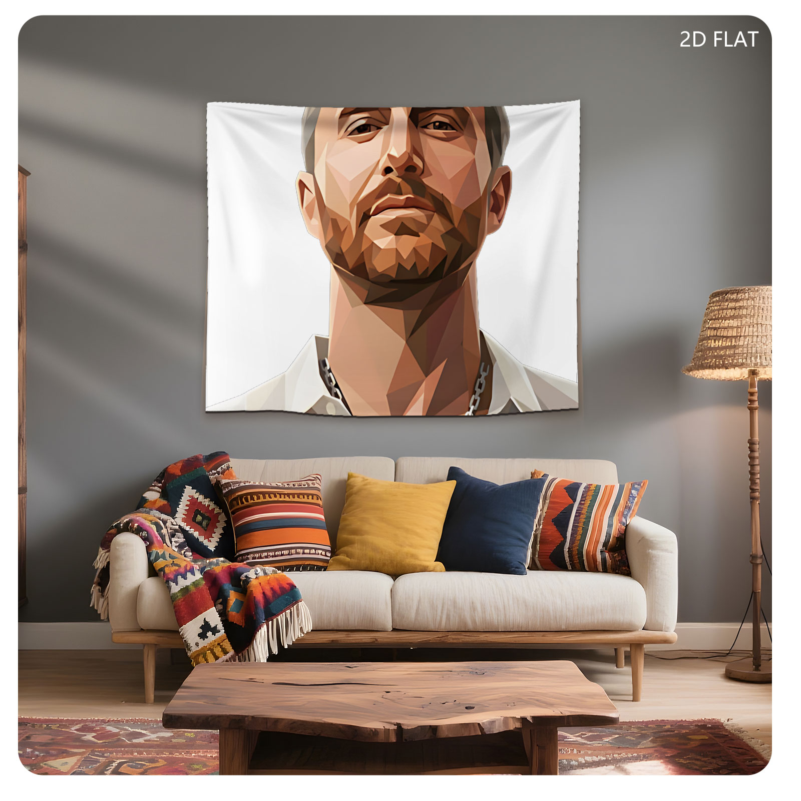 Low-Poly Portrait of a Man in White Shirt and Chain Necklace - Tapestry