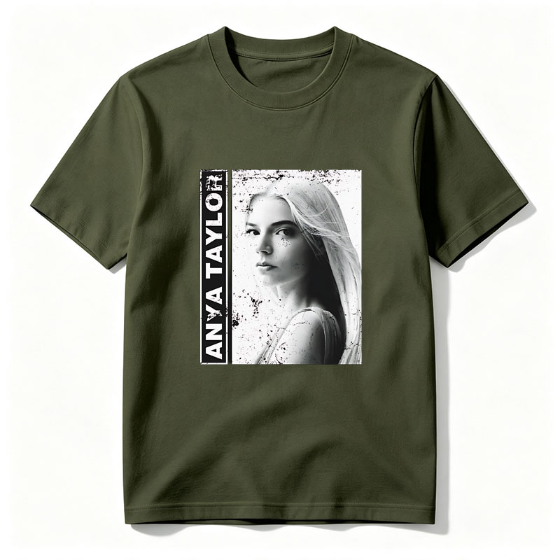 Anya Taylor-Joy in a striking black and white portrait with artistic splatter effects. - Tee