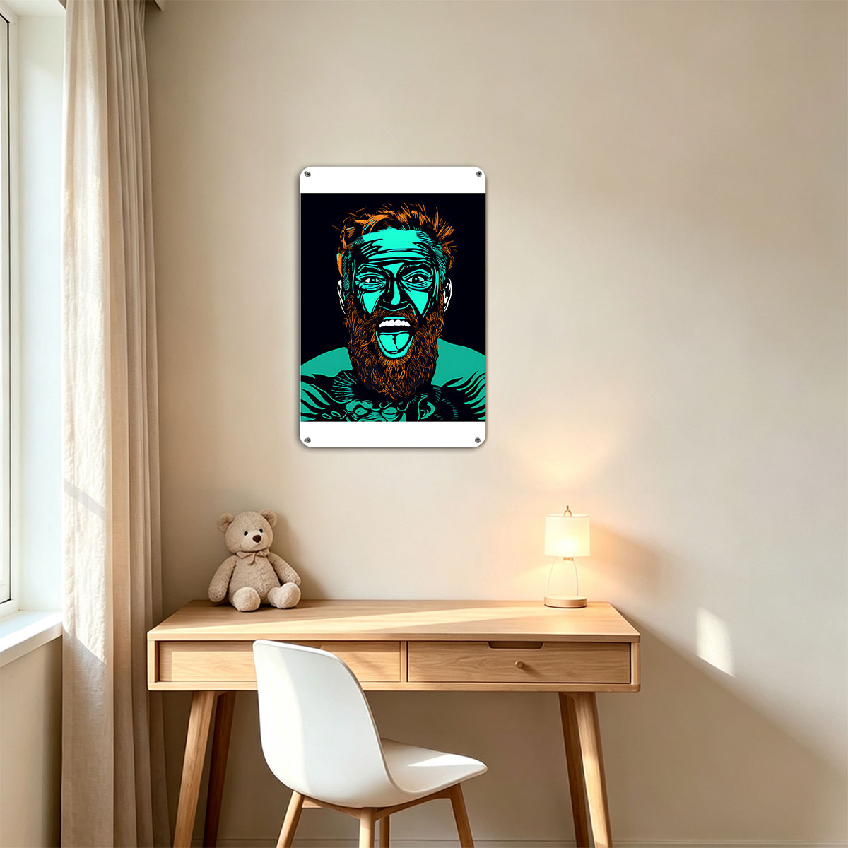 Bearded Man with Turquoise Face and Intense Expression - painting