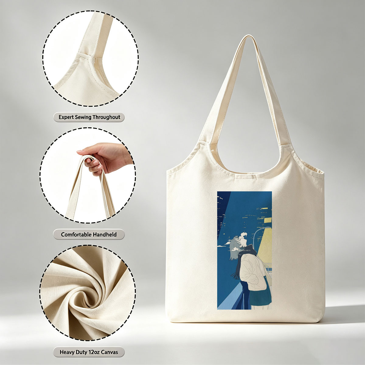 Anime Character in Winter Coat Breathing Steam Against City Night Sky - Canvas shoulder bags/