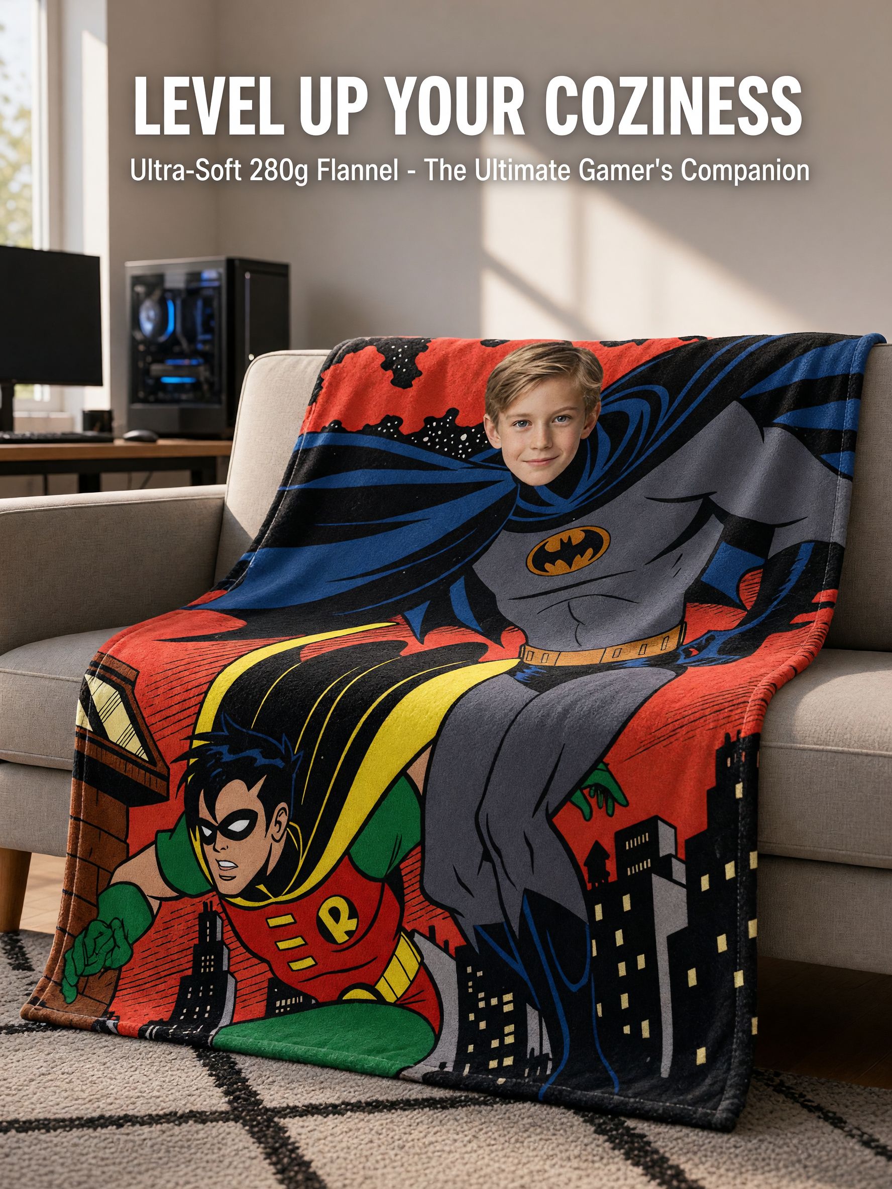 Custom Photo Superhero Face Blanket, Ultra Soft Flannel Comic Throw, Ideal Personalized Gift for Kids and Bed Couch