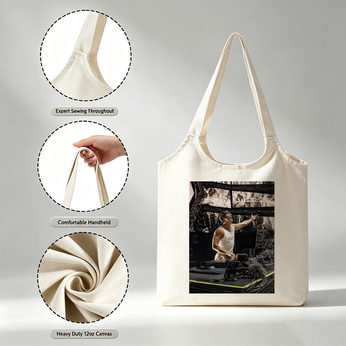 Martin Garrix Live Performance on Stage with DJ Equipment and Energetic Gesture - Canvas shoulder bags/