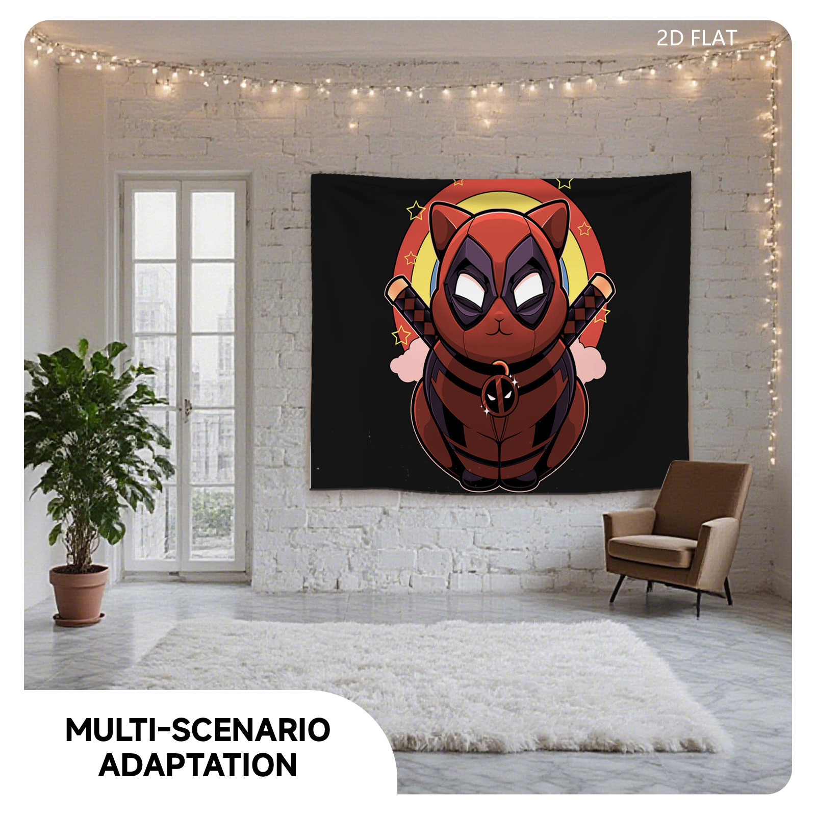 Deadpool Cat in Red Suit with Dual Katanas and Starry Background - Tapestry
