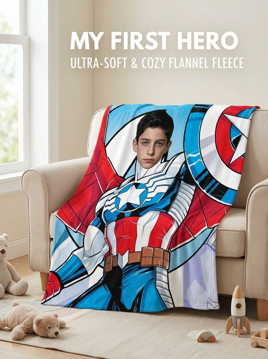 Custom Superhero Photo Fleece Blanket Personalized Face Portrait Throw for Kids and Adults Cozy Birthday Gift