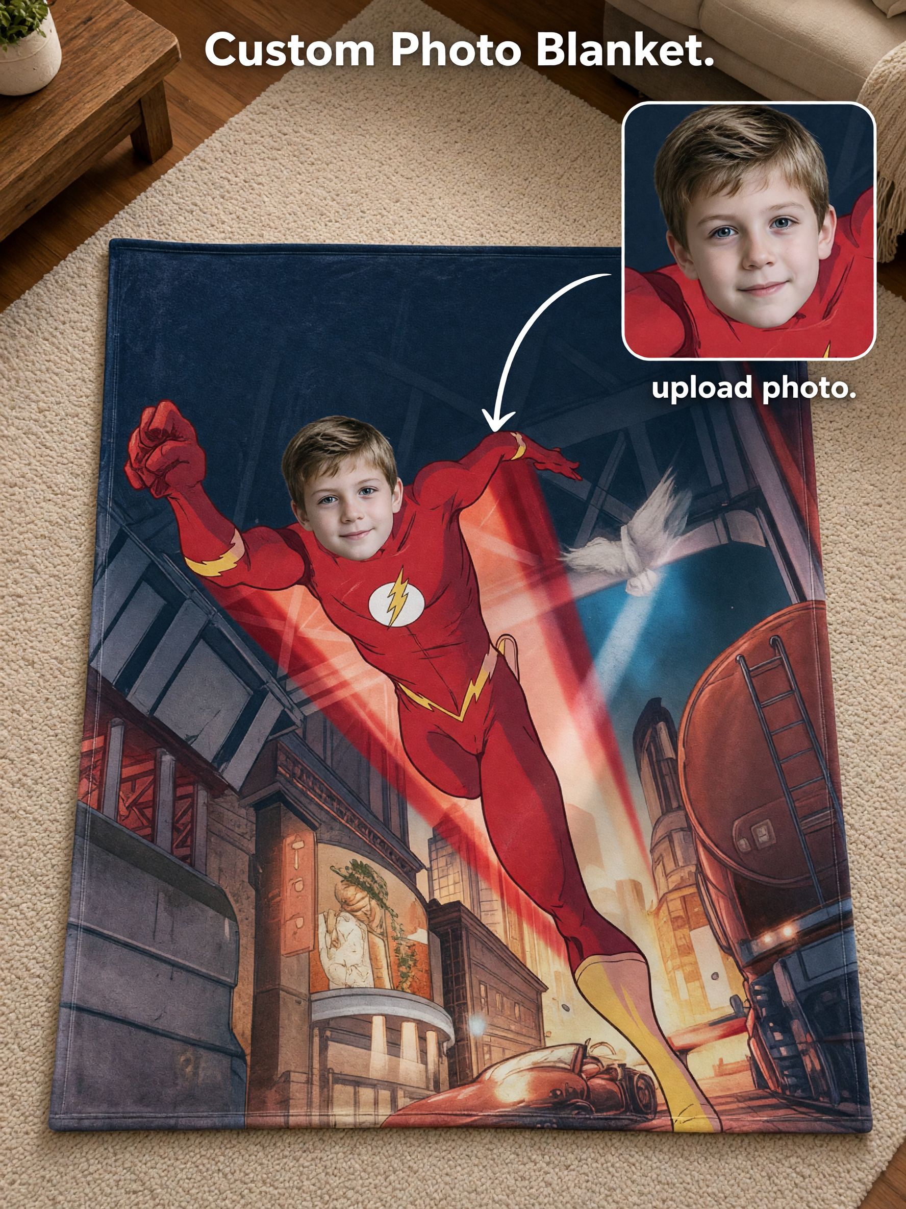 Personalized Superhero Face Photo Blanket, Custom Ultra Soft Flannel Throw, Ideal Cozy Gift for Kids and Comic Lovers