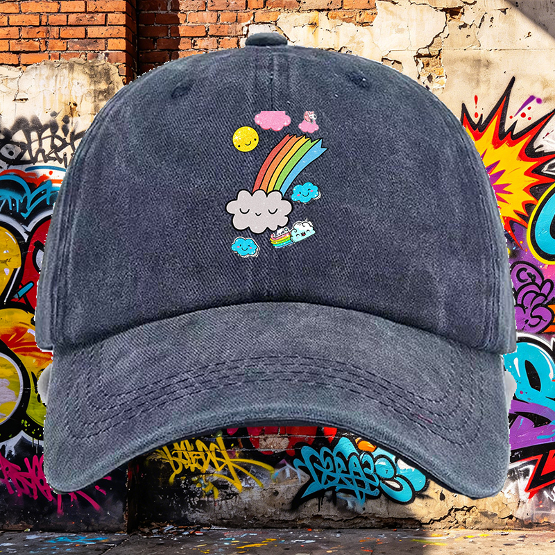 Men's Printed Washed Cap with Rainbow Clouds and Sparkle Sun Design - Casual Round Brim Summer Lightweight Hat for Outdoor Activities, Travel, and Daily Wear - Perfect for Young Adults and Trendy Urban Stylists