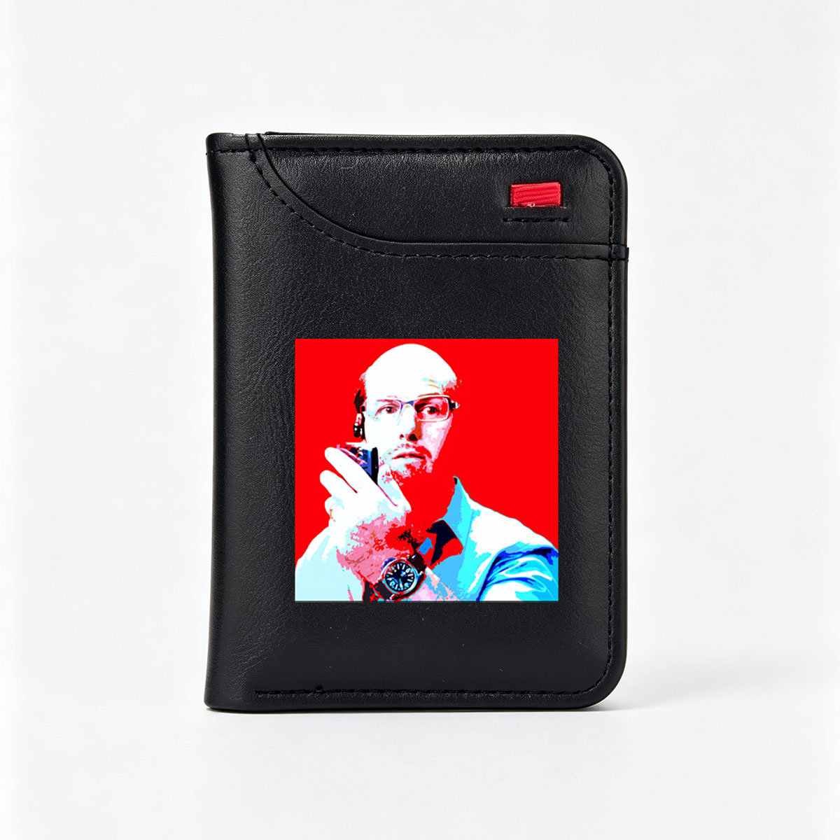 Bald Man with Glasses Holding Phone, Wearing Watch, Red Background - Vertical Style Wallet