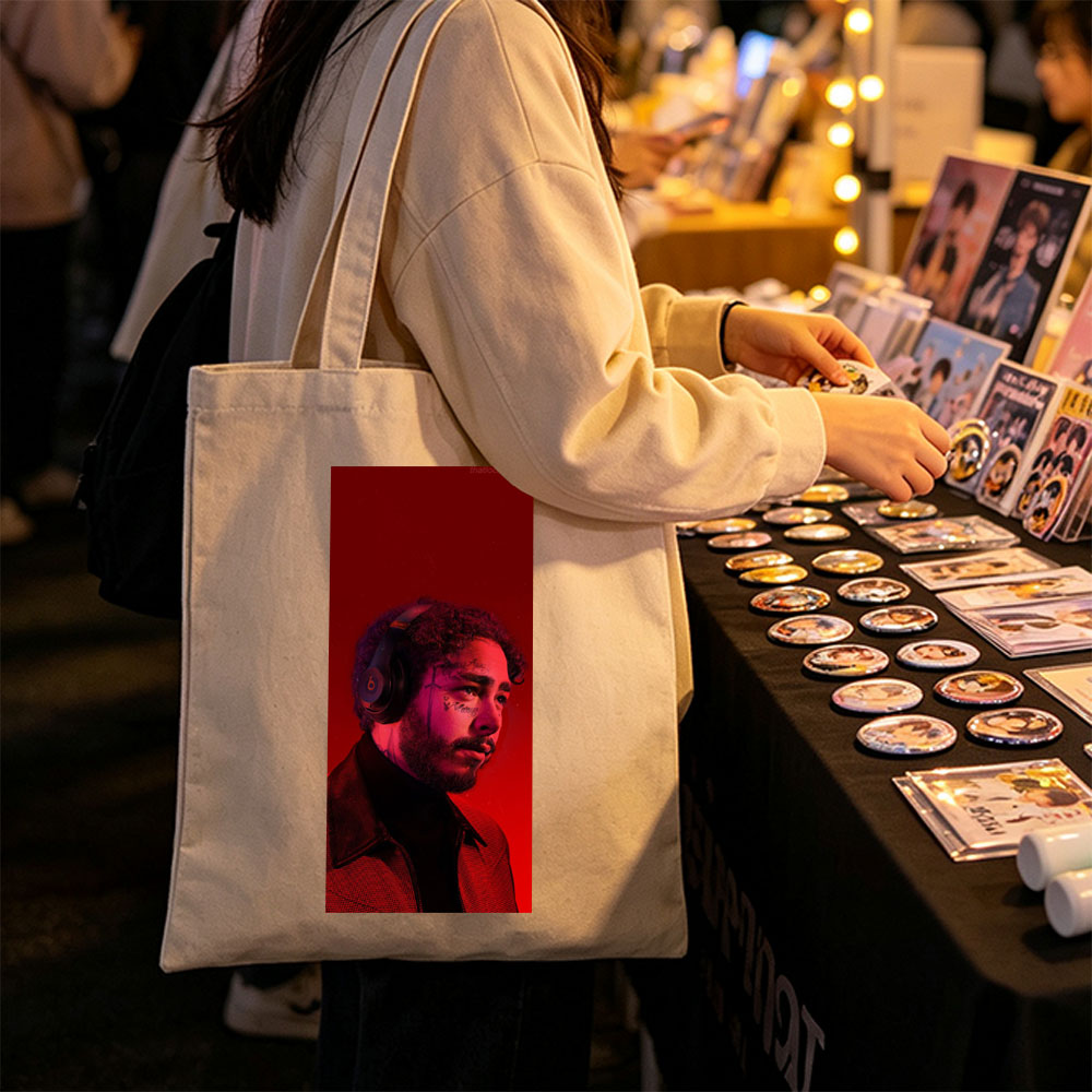 Post Malone Listening to Music with Headphones in Red Lighting - Canvas tote bags