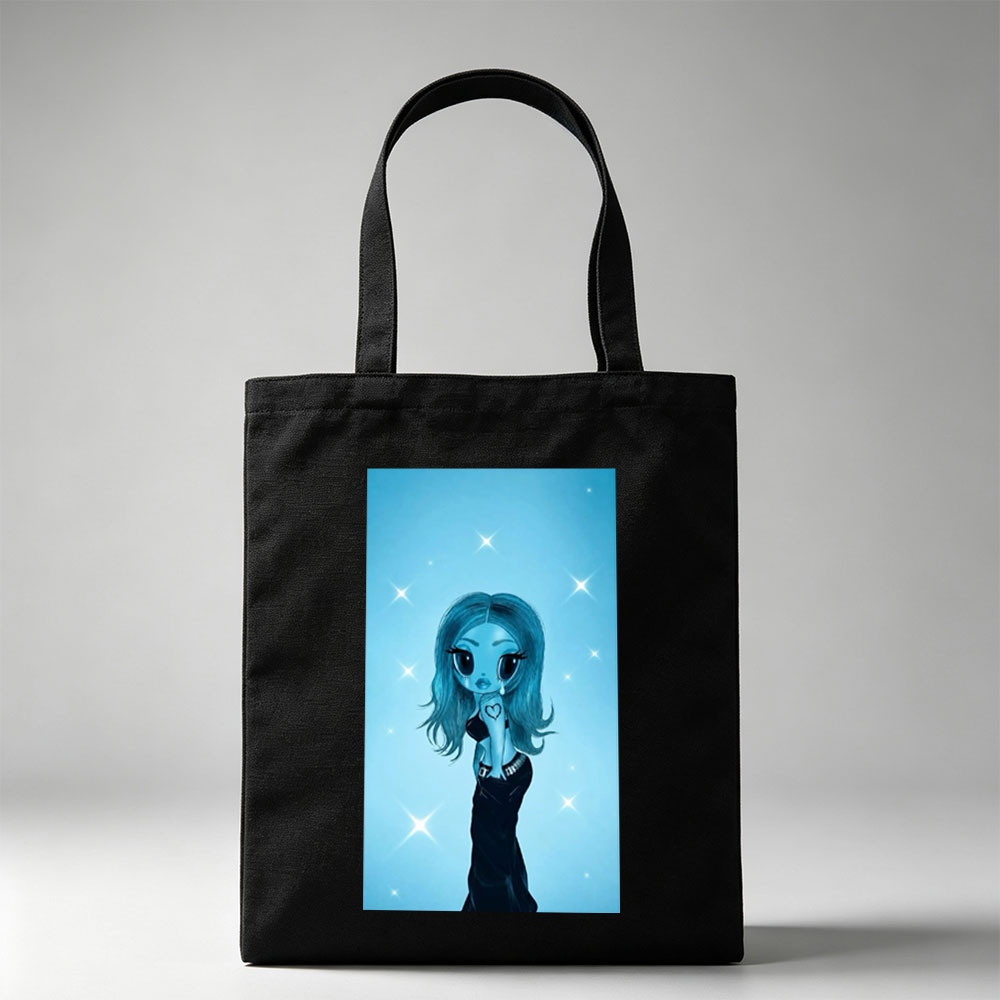 Aqua Blue Anime Girl in Black Dress with Heart Tattoo on Starry Background - Canvas tote bags