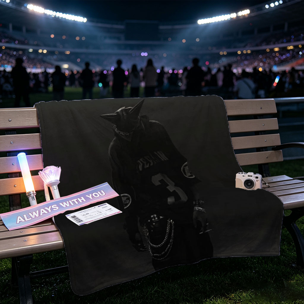 Travis Scott in Dark Atmosphere Wearing Wolf Mask and Black Jersey with Chains - Blankets