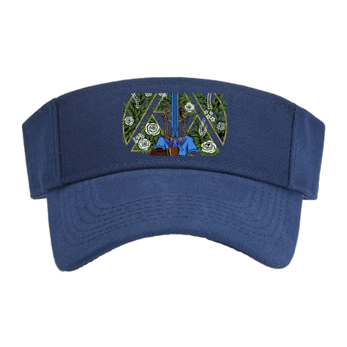 Link from The Legend of Zelda holding Master Sword, surrounded by floral wreath and geometric design -  Visor cap