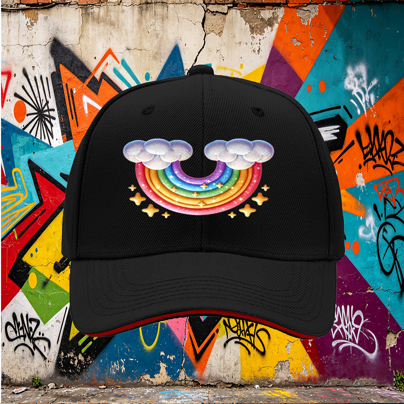 Unisex Classic Sandwich Hat with Rainbow and Cloud Print - Perfect for Outdoor Activities, Festivals, and Casual Wear - Ideal for Adults and Teens Seeking Fun, Colorful Headwear