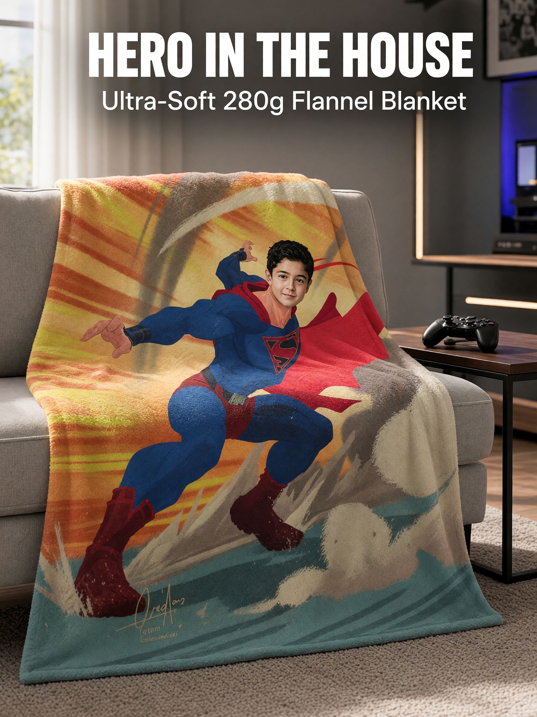 Custom Superhero Face Photo Blanket, Ultra Soft Anti-Pilling Flannel Fleece Throw, Ideal Personalized Gift for Kids