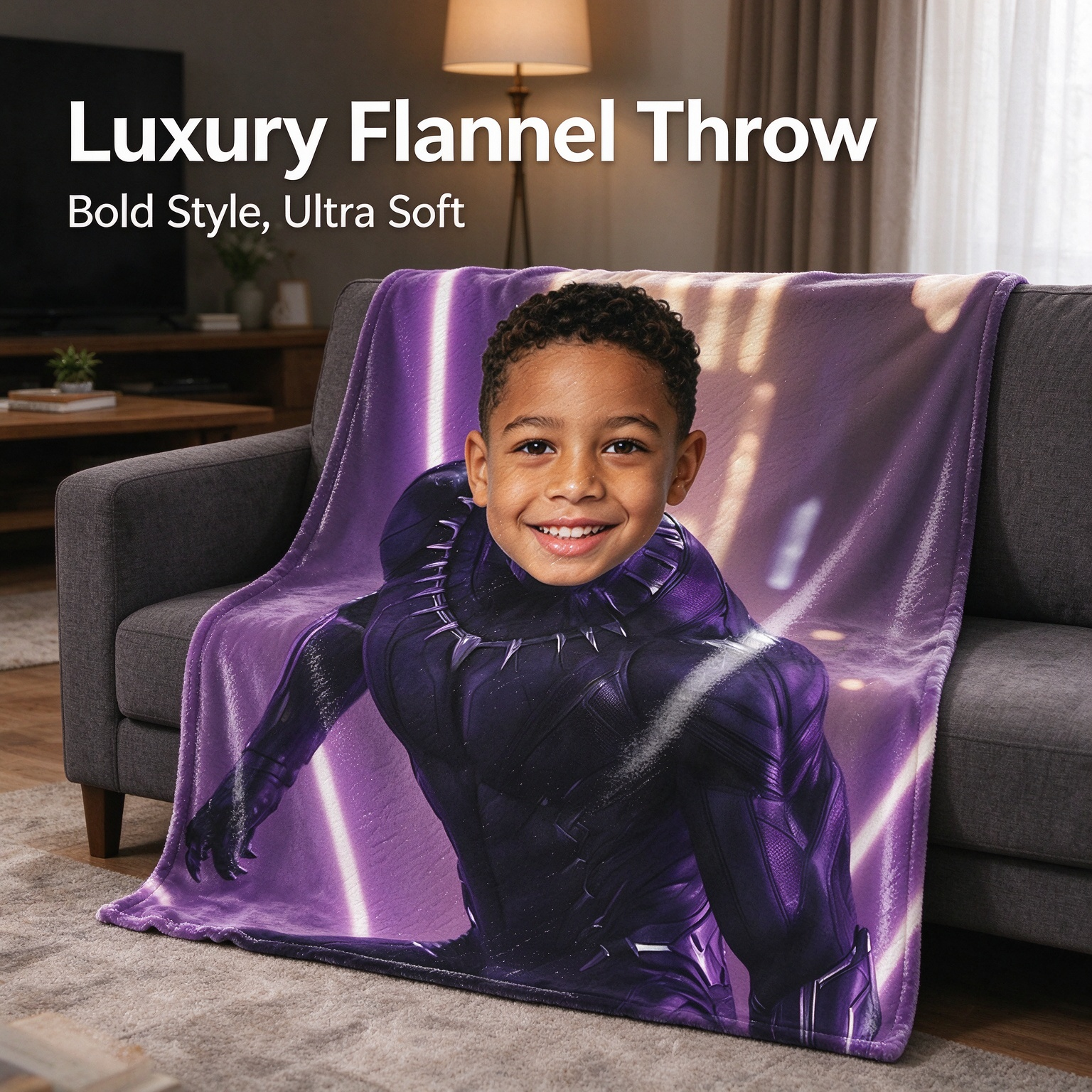 Custom Face Superhero Blanket Personalized Photo Flannel Throw Ultra-Soft Purple Hero Suit Design Ideal Birthday Gift