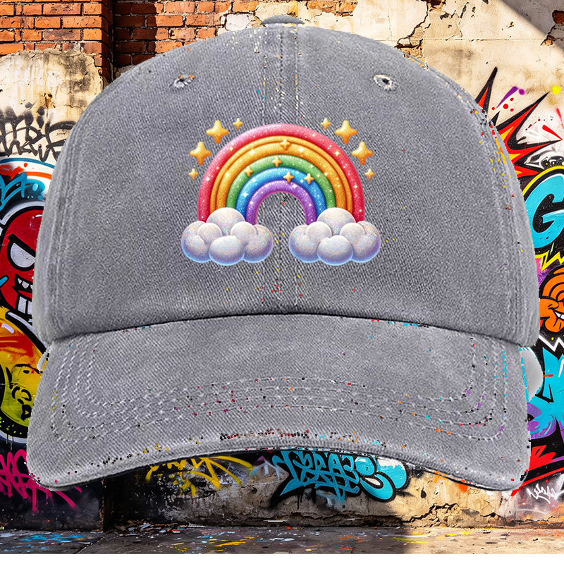 Men's Printed Washed Cap Rainbow Stars Clouds Design Casual Round Brim Summer Lightweight Hat for Outdoor Activities and Daily Wear, Suitable for Adults Seeking Fun and Comfortable Headwear