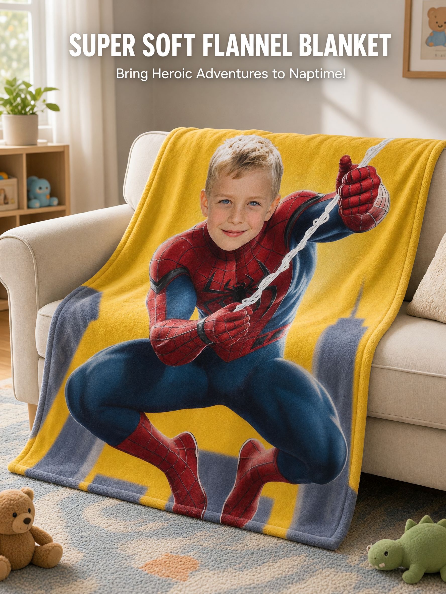 Custom Face Superhero Flannel Fleece Blanket Personalized Photo Throw for Kids Bed Couch Cozy Velvet Birthday Gift