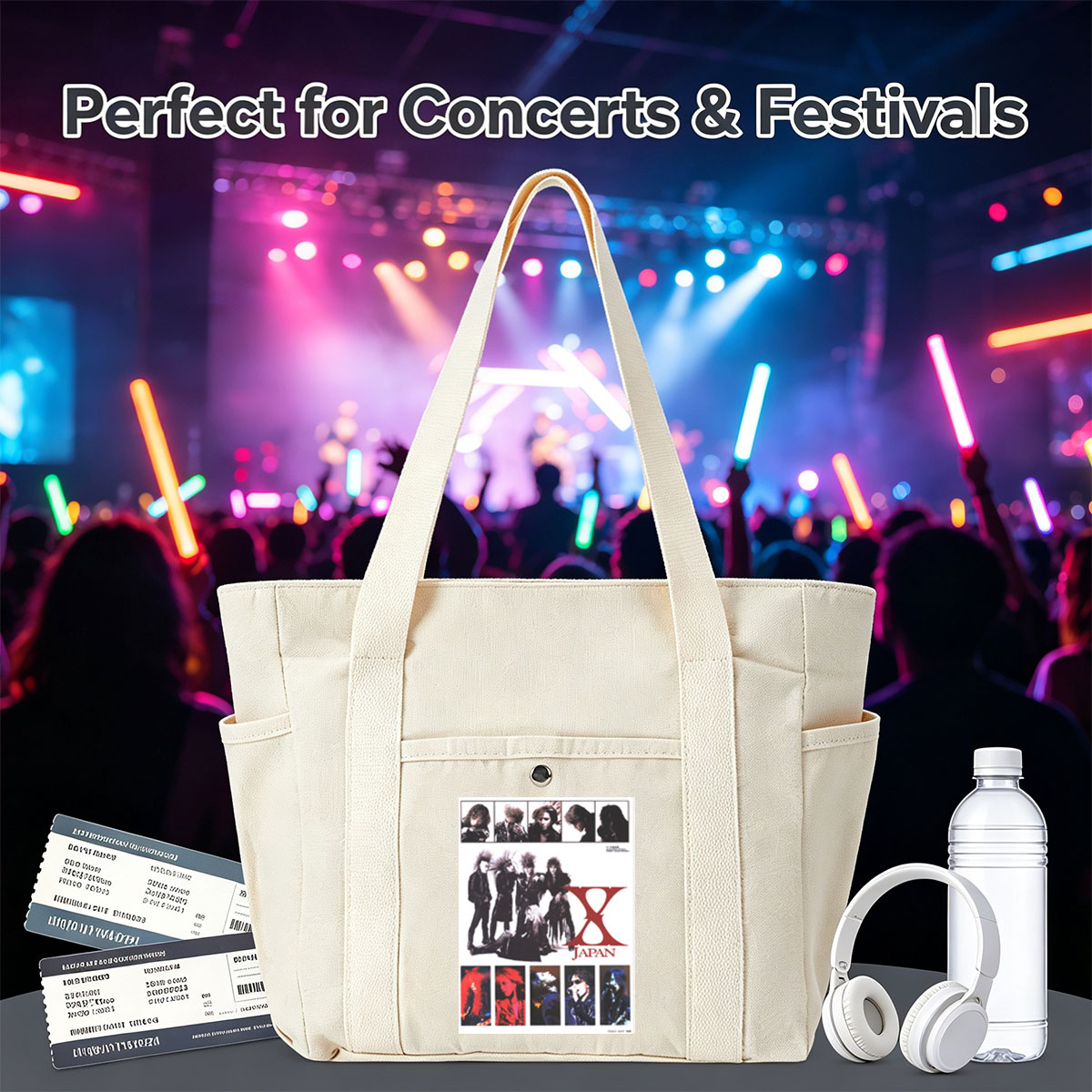 X Japan Band Members in Dramatic Pose with Intense Expressions and Gothic Rock Style - Multi-pocket bags