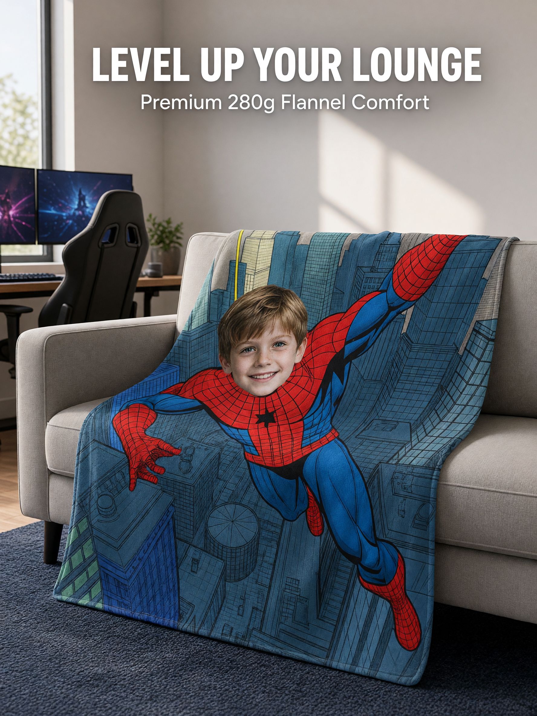 Custom Face Superhero Flannel Blanket Ultra Soft Fleece Throw with Comic Cityscape, Ideal Personalized Gift for Kids