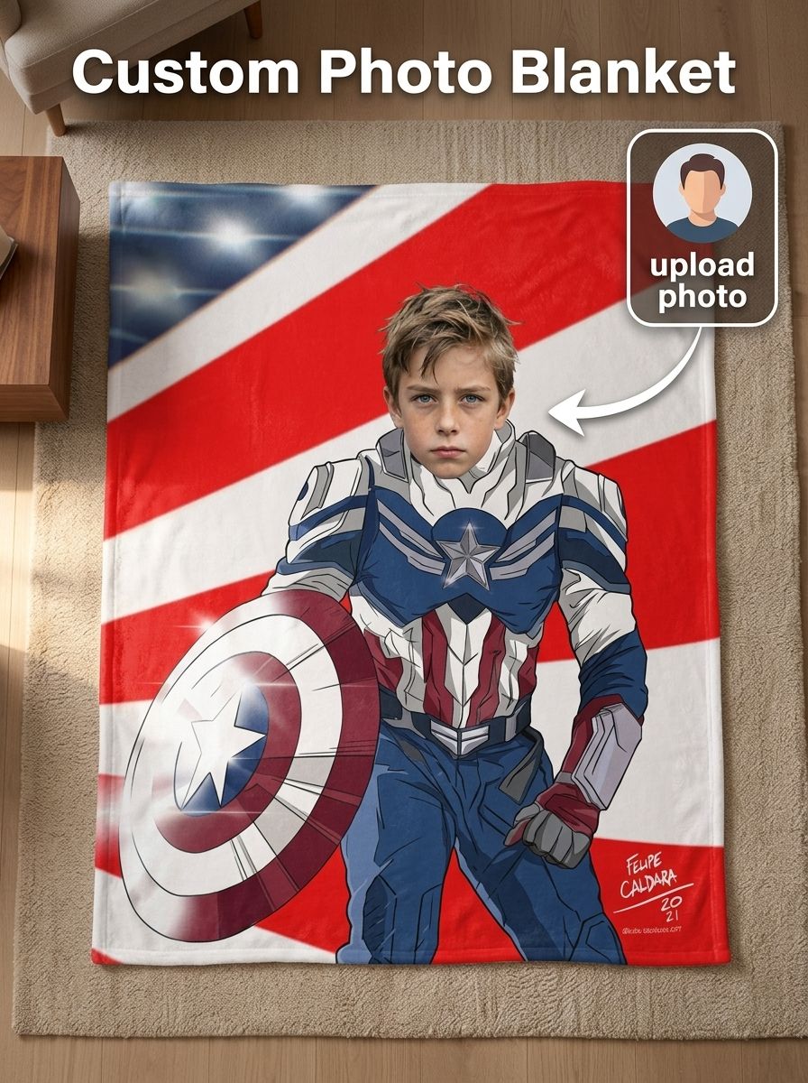 Custom Superhero Face Blanket Personalized Photo Flannel Throw for Kids Cozy Bedside Fleece Blanket Gift