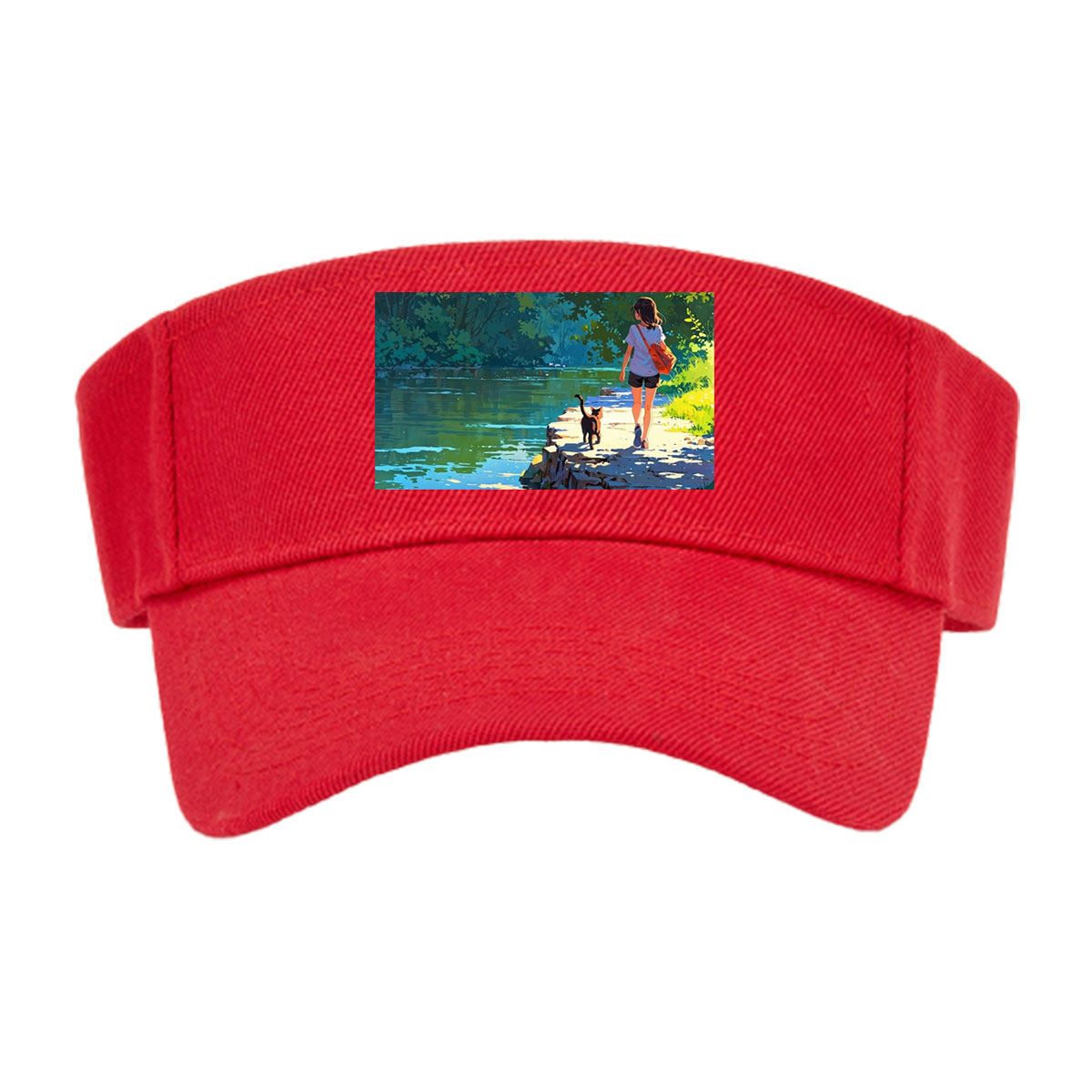 Girl and cat walking by a serene lakeside path -  Visor cap