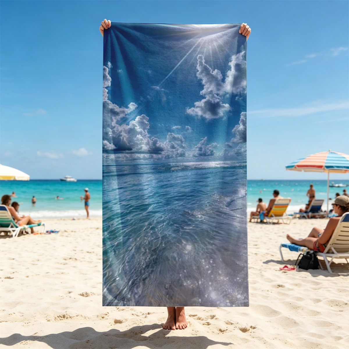 Sunlit Beach with Crystal Clear Waters and Fluffy Clouds - Beach towels
