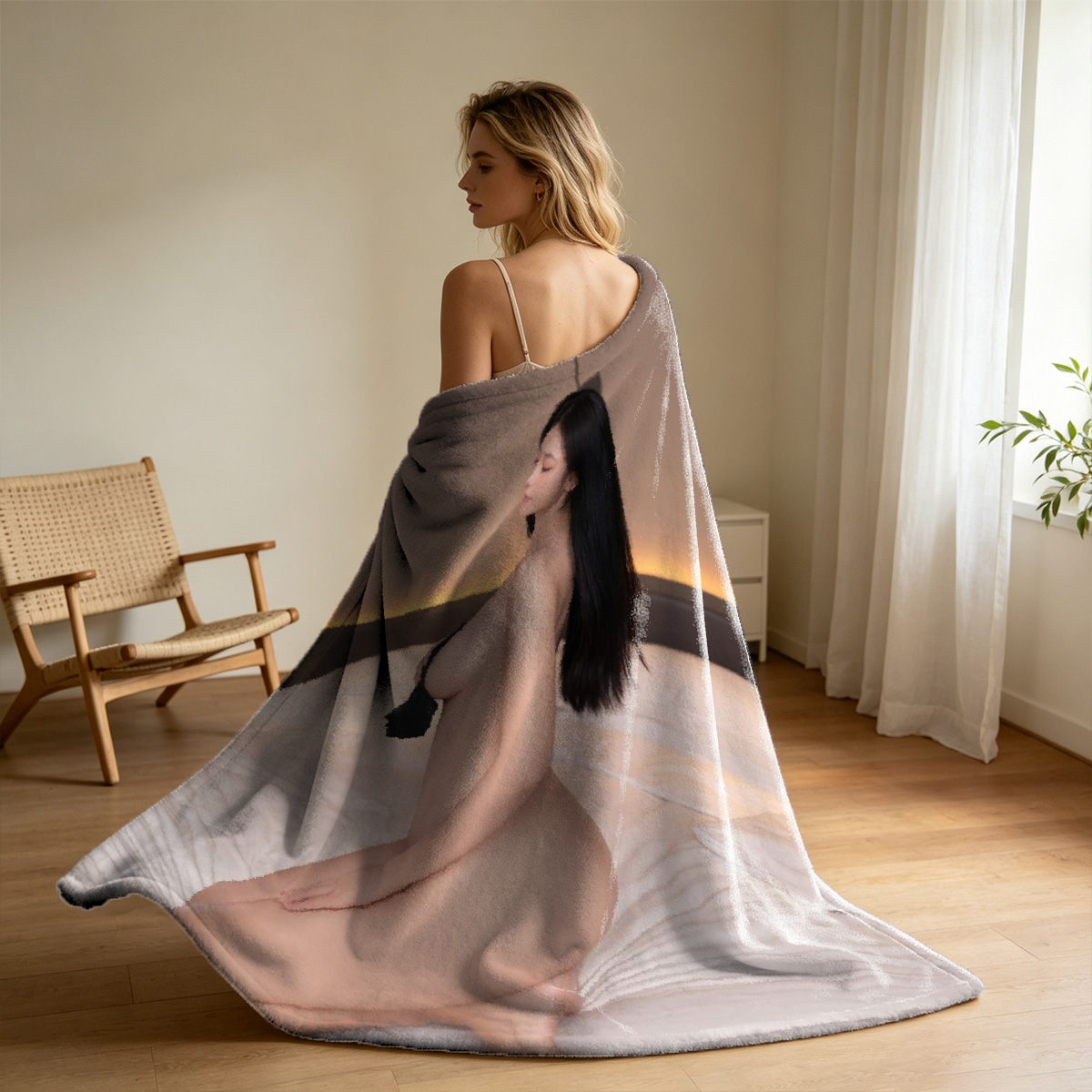 Nude Blonde in Pearl Choker Posing on Bed - Blanket