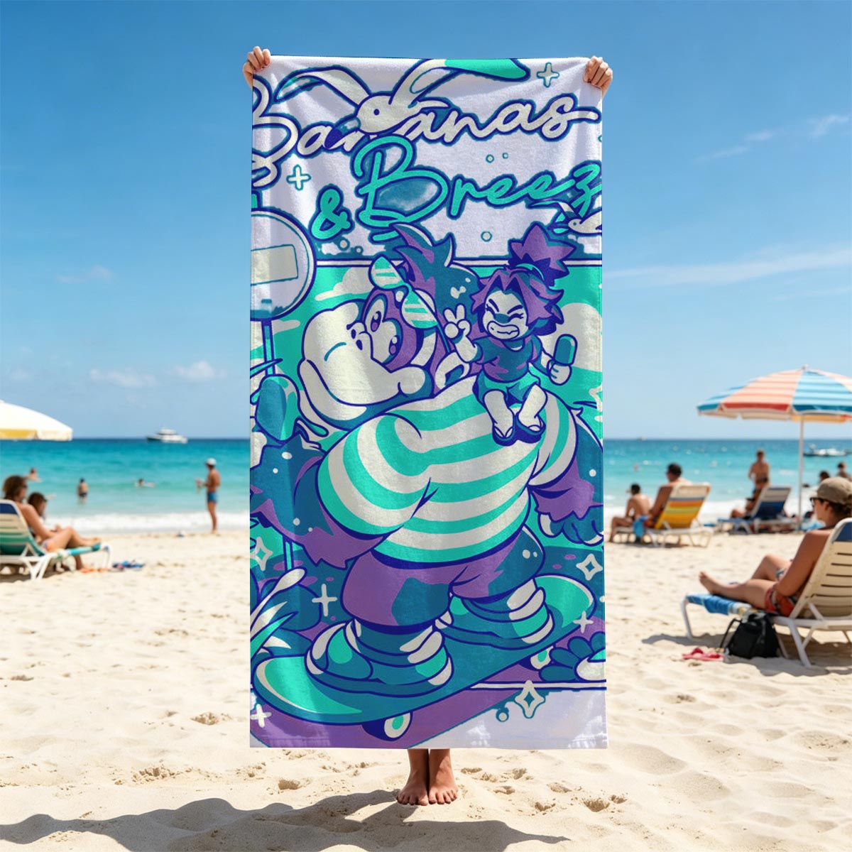 Bananas & Breeze: A whimsical adventure with a striped giant and a playful rider in a vibrant, magical landscape. - Beach towels