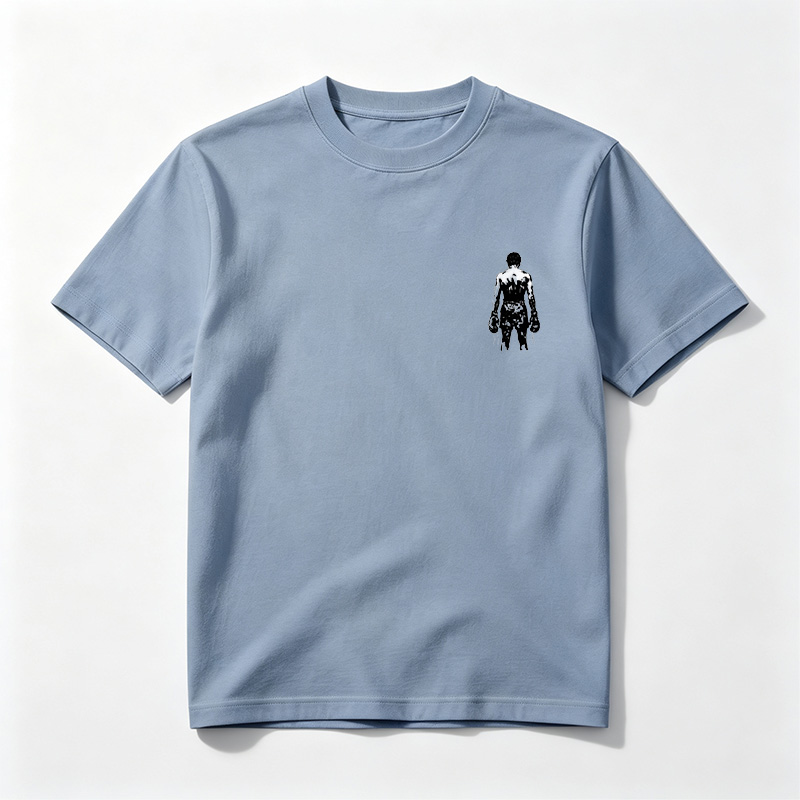 Silhouette of a muscular figure with abstract white patterns on the back, wearing gloves and pants, set against a black background. - Tee