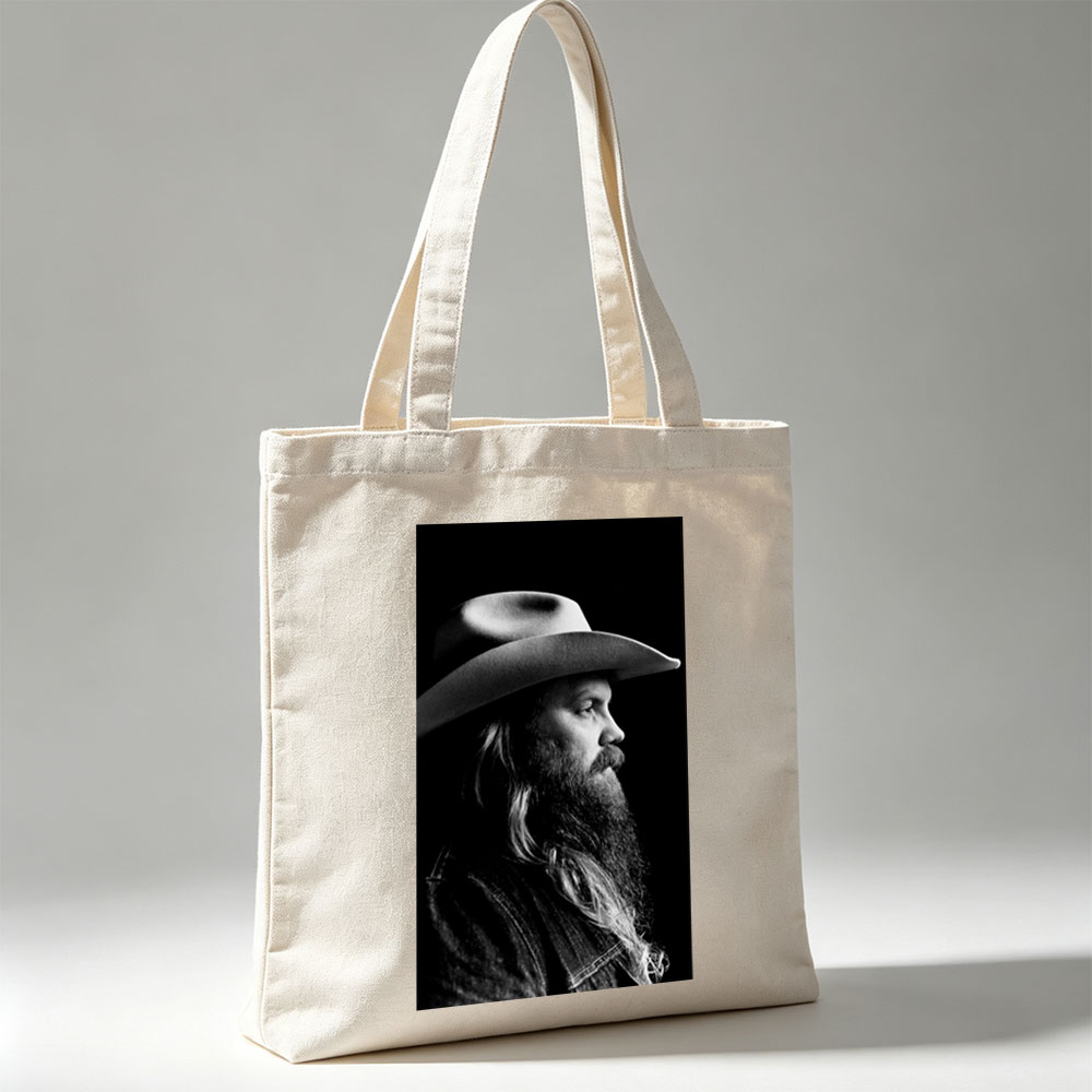 Chris Stapleton in Profile with Cowboy Hat and Long Beard in Black and White Portrait - Canvas tote bags