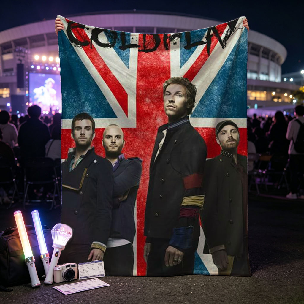 Coldplay Band Members Standing in Front of a British Flag Background - Blankets