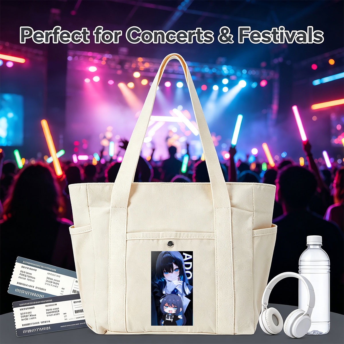 ADO - Anime Character Portrait with Chibi Version in Cosmic Background - Multi-pocket bags