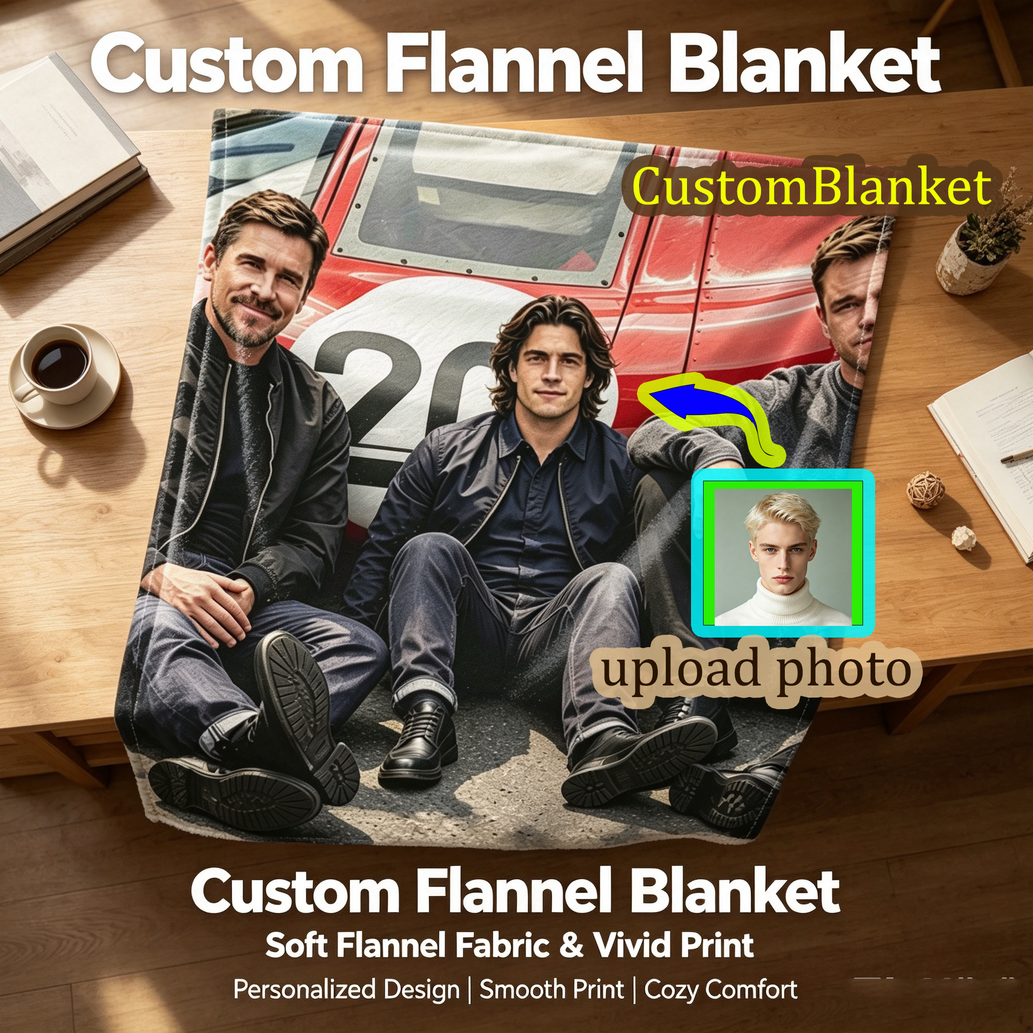 Custom Face Blanket Featuring Three Men in Front of Red Race Car Flannel Blanket Perfect for Home Decor or Cozy Nights Ideal Gift for Car Enthusiasts or Friends