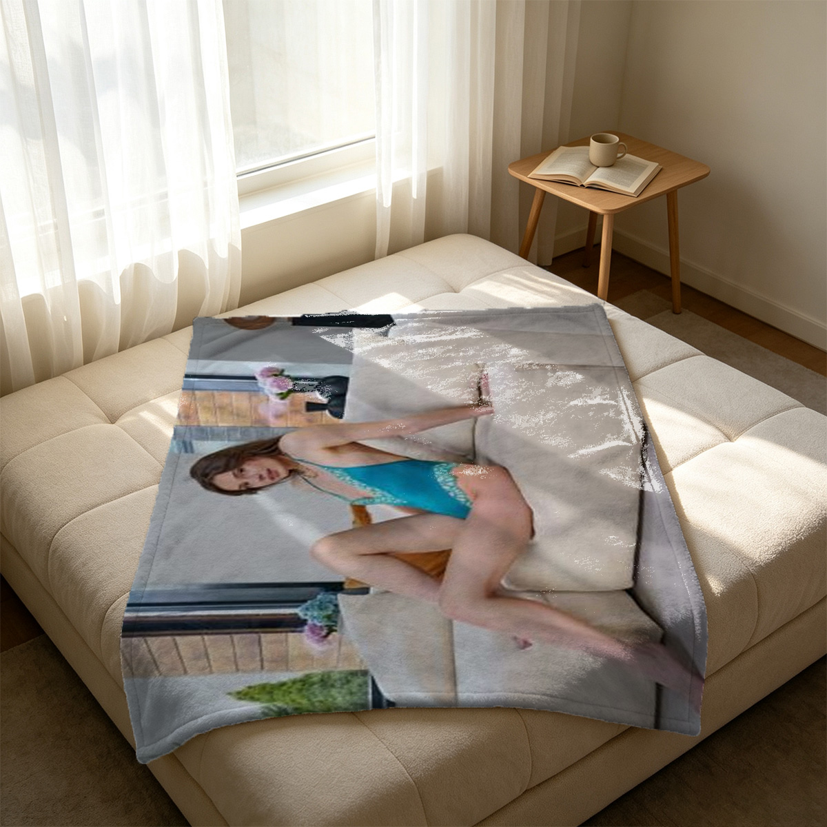 5 Japanese Models in Black Lingerie Posing on Tatami Mat - Blanket