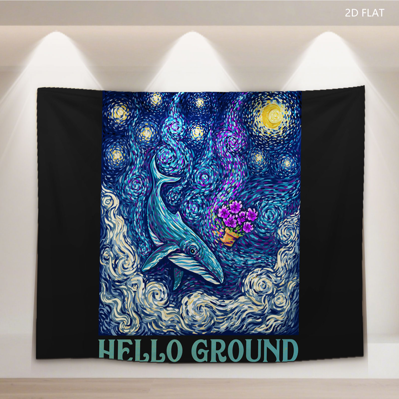 Whale in Starry Night Sky with Purple Flowers and 