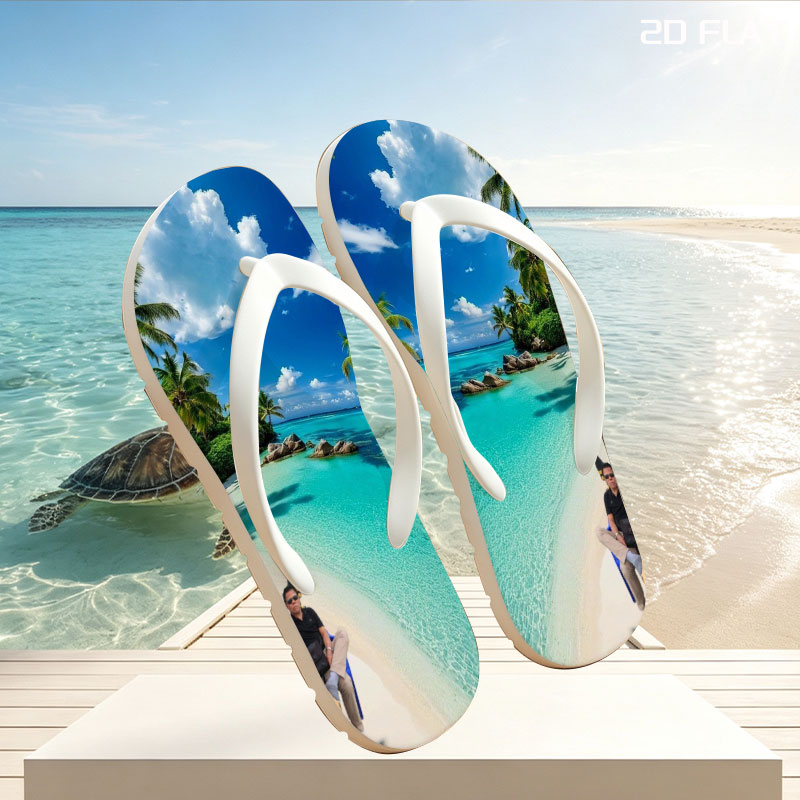 Couple relaxing on a tropical beach with turquoise waters and palm trees -  flip-flops