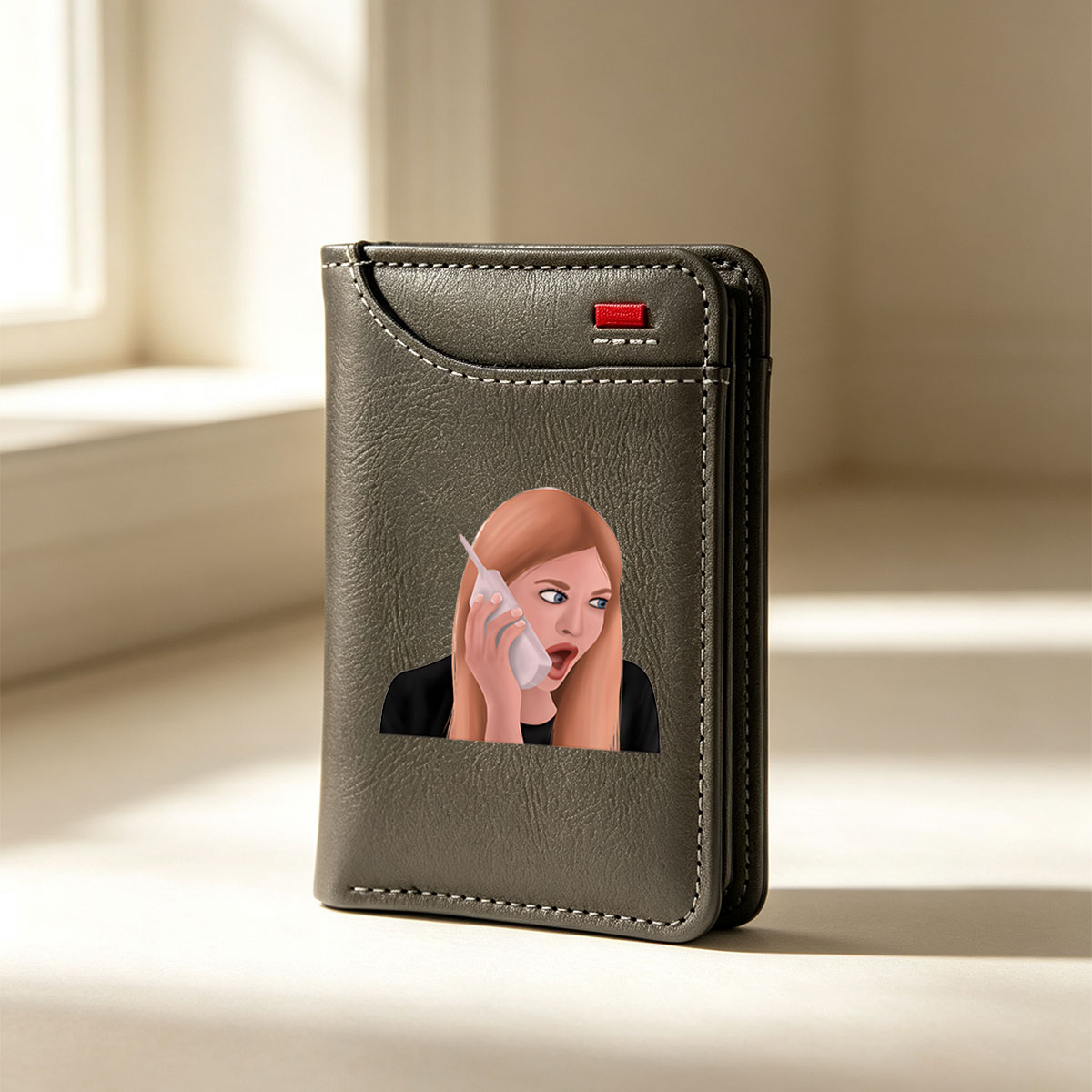 Surprised Woman on Phone Call - Vertical Style Wallet