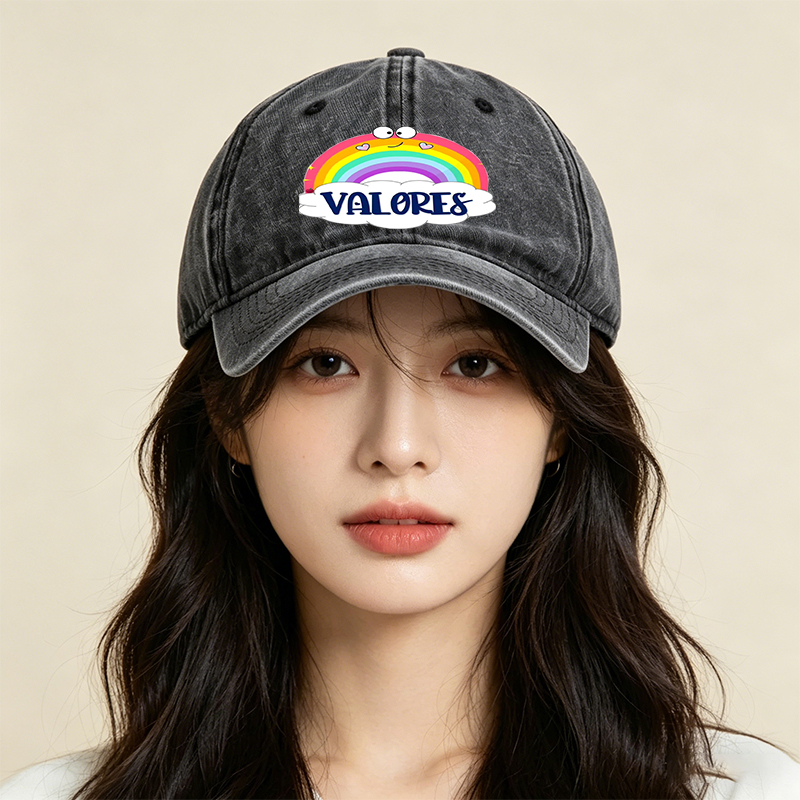 Unisex Classic Washed Cap with Rainbow and Valores Print - Casual Streetwear Hat for Outdoor Activities, Perfect for Youth and Adults Seeking Fun, Colorful Style