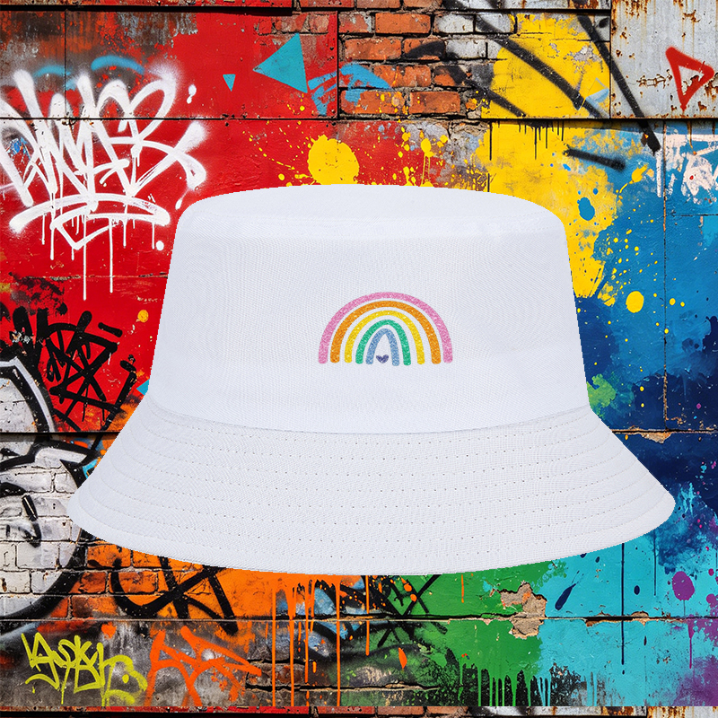 Unisex Classic Bucket Hat with Sparkle Rainbow Print and Heart Design - Perfect for Outdoor Activities, Beach, Travel, and Casual Wear - Ideal for Adults Seeking Fun, Fashionable Sun Protection