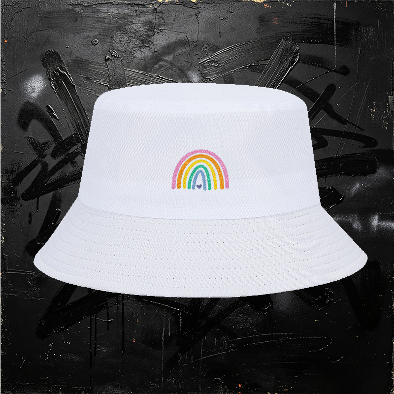 Unisex Bucket Hat with Glitter Rainbow Print and Heart Design – Classic Adjustable Sun Hat for Outdoor Activities, Beach, Travel, Casual Wear – Perfect for Adults, Youth, and Fashion Lovers Seeking Fun and Colorful Style
