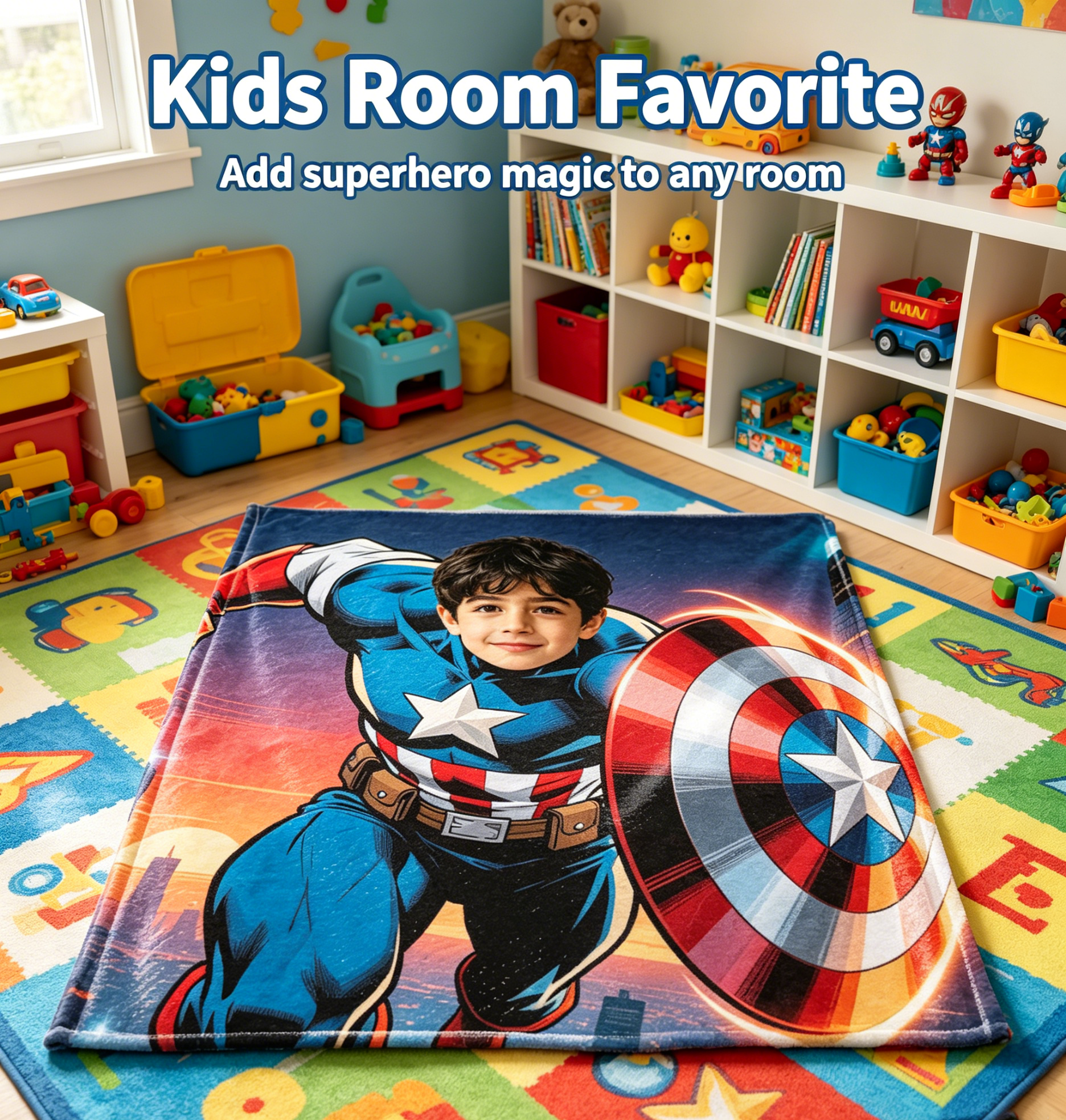 Personalized Captain America Custom Face Blanket | 280G Flannel Fleece Superhero Throw Blanket for Kids Boys Birthday Gift