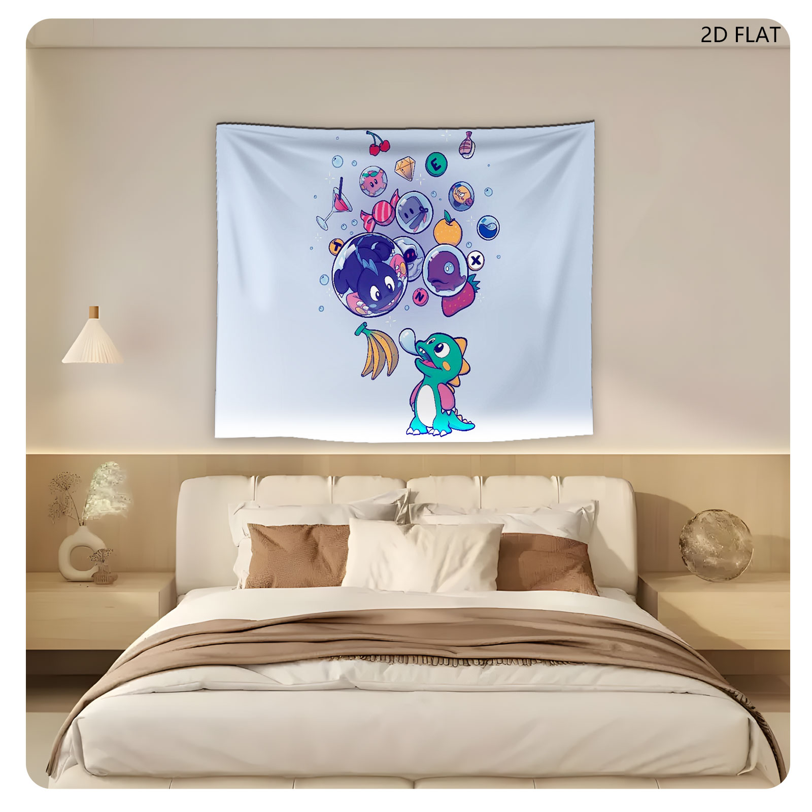 Cute Dragon Blows Bubbles with Game Icons and Fruits - Tapestry
