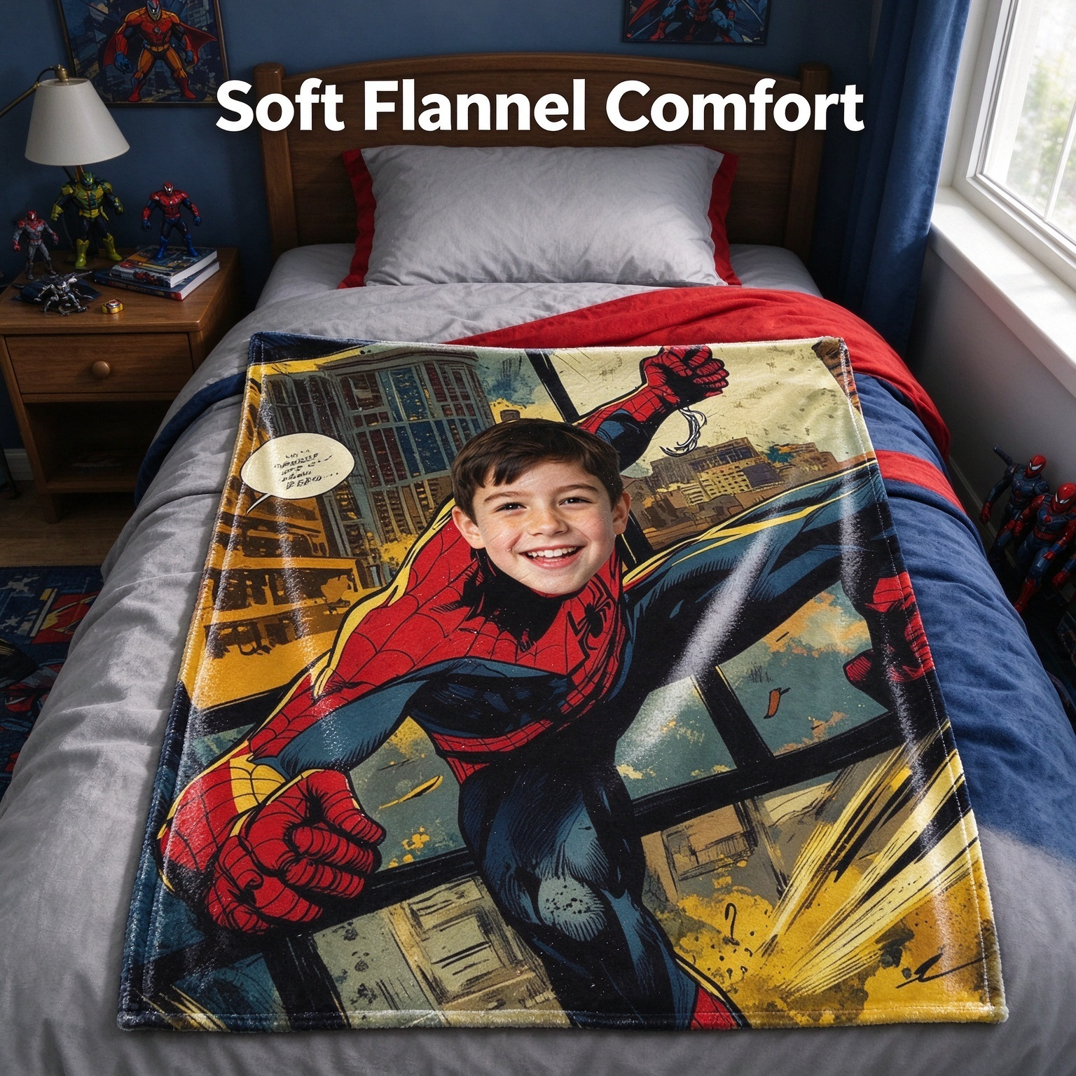 Custom Face Superhero Comic Throw Blanket, Ultra Soft Flannel Photo Fleece Wrap, Ideal Personalized Gift