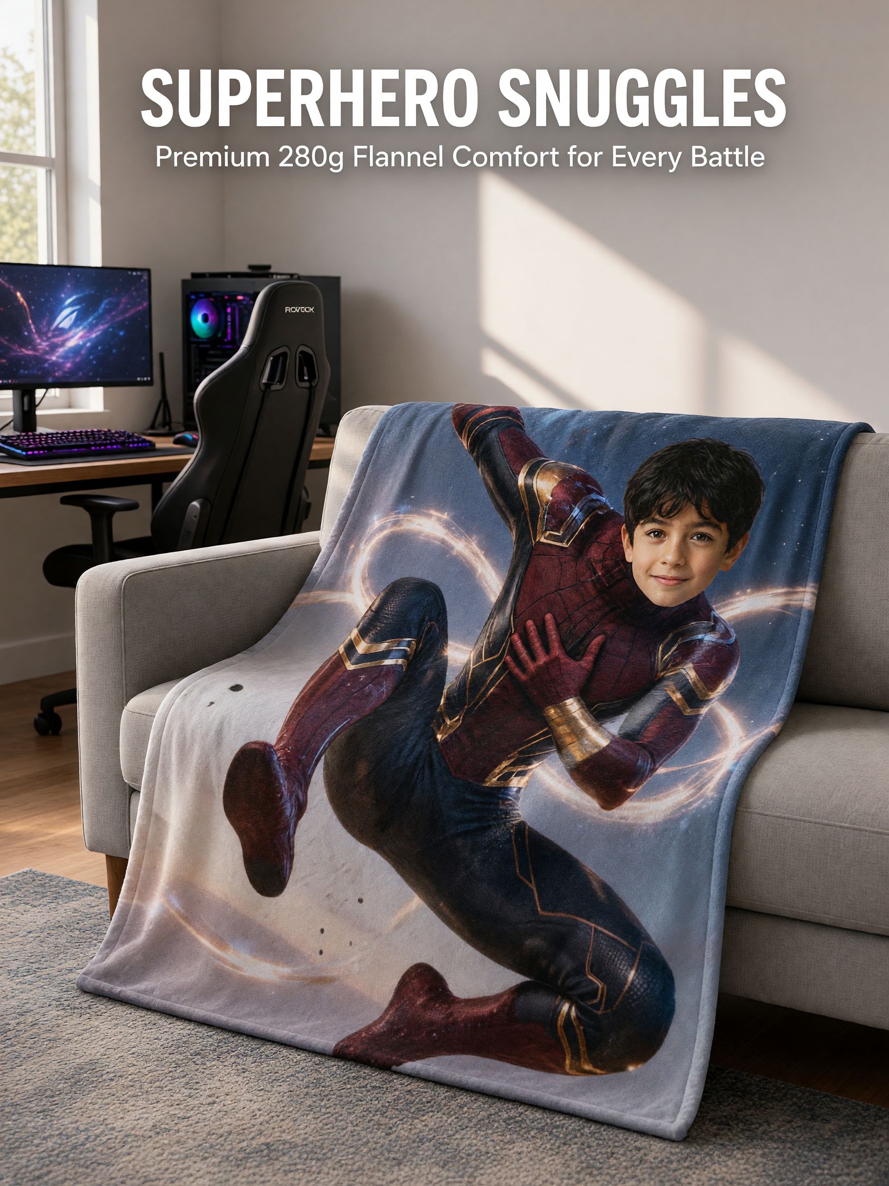 Custom Photo Face Superhero Flannel Throw Blanket Personalized Soft Plush Fleece Bed Blanket for Kids