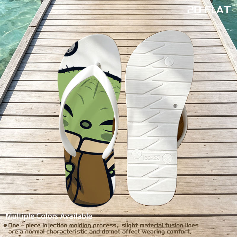 Baby Yoda Hugging a Cup with Stars and Droid in Background -  flip-flops