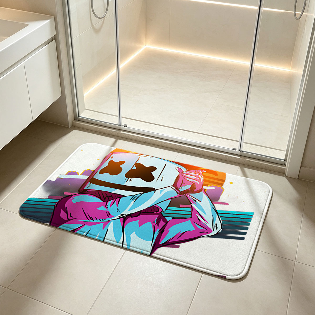 Marshmello in a vibrant neon outfit against a sunset cityscape, holding a phone to his head. - Flannel floor mat