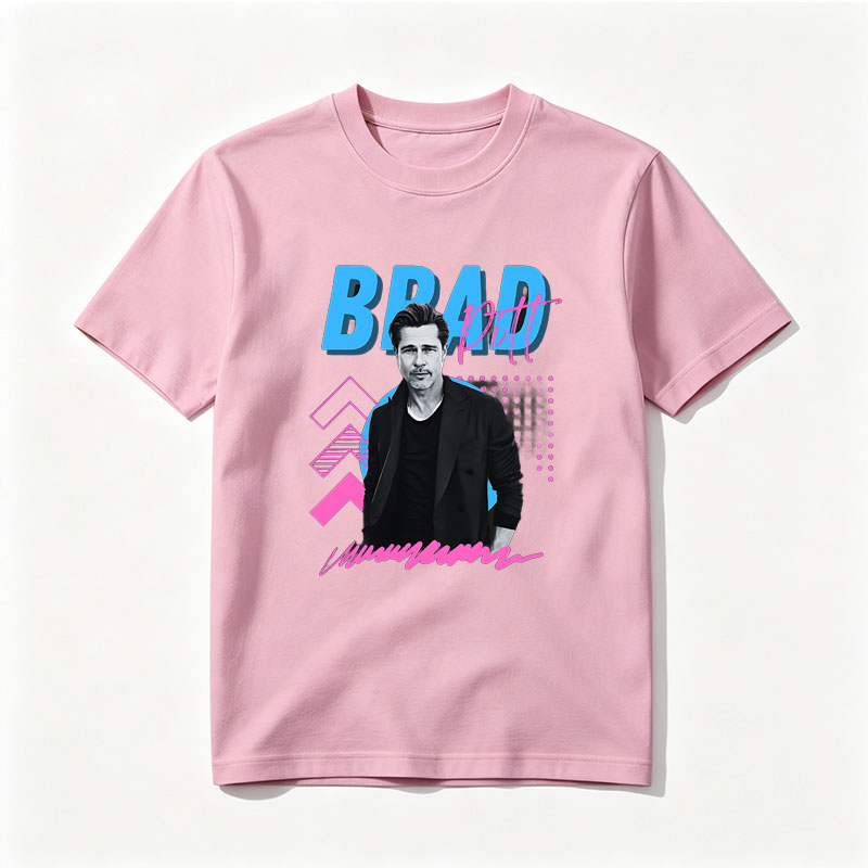 Brad Pitt in a stylish black suit against a vibrant graphic background with bold text and geometric patterns. - Tee
